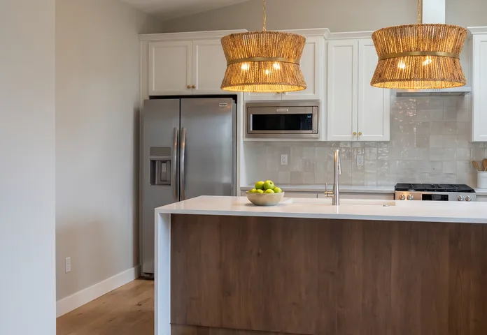 White shaker kitchen with rattan pendant lights and a walnut island