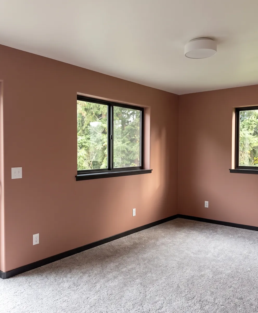 Bedroom with clay-colored terracotta walls and black-painted trim