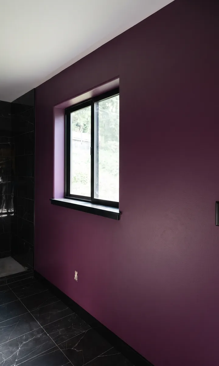 Bathroom with a deep plum accent wall above black tile