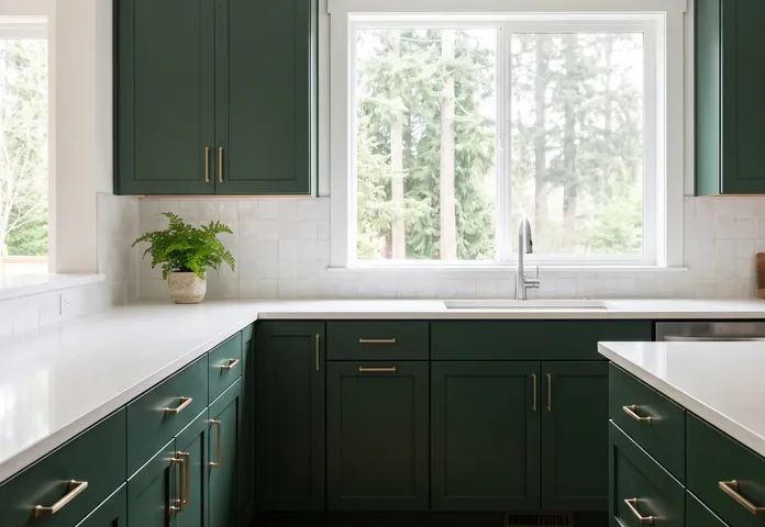 Kitchen with green painted cabinets