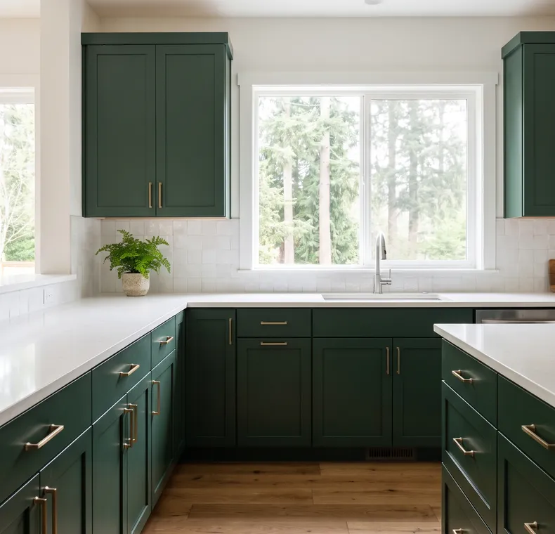 Kitchen with green painted cabinets