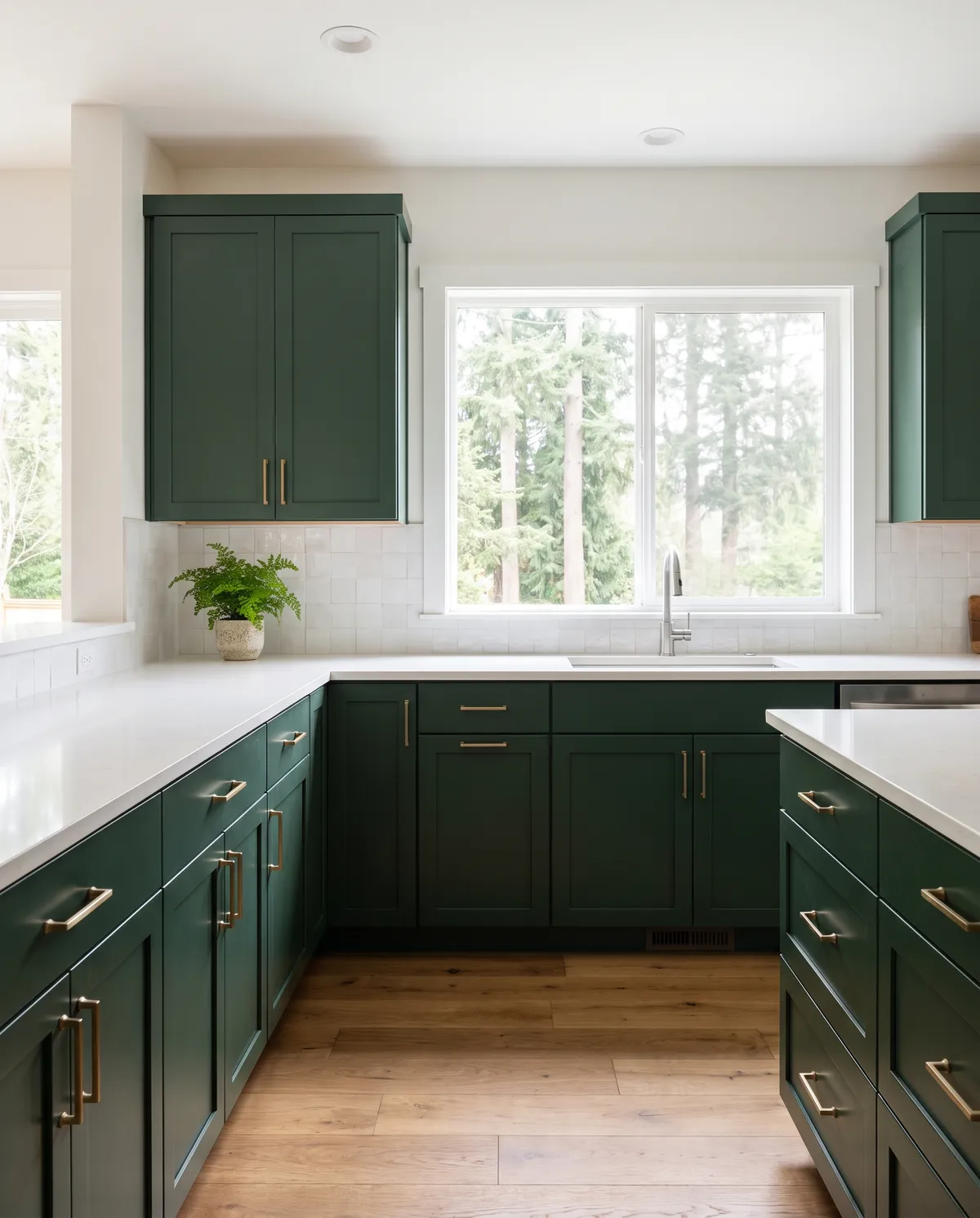 Kitchen with deep green shaker cabinets, brass pulls and white counters