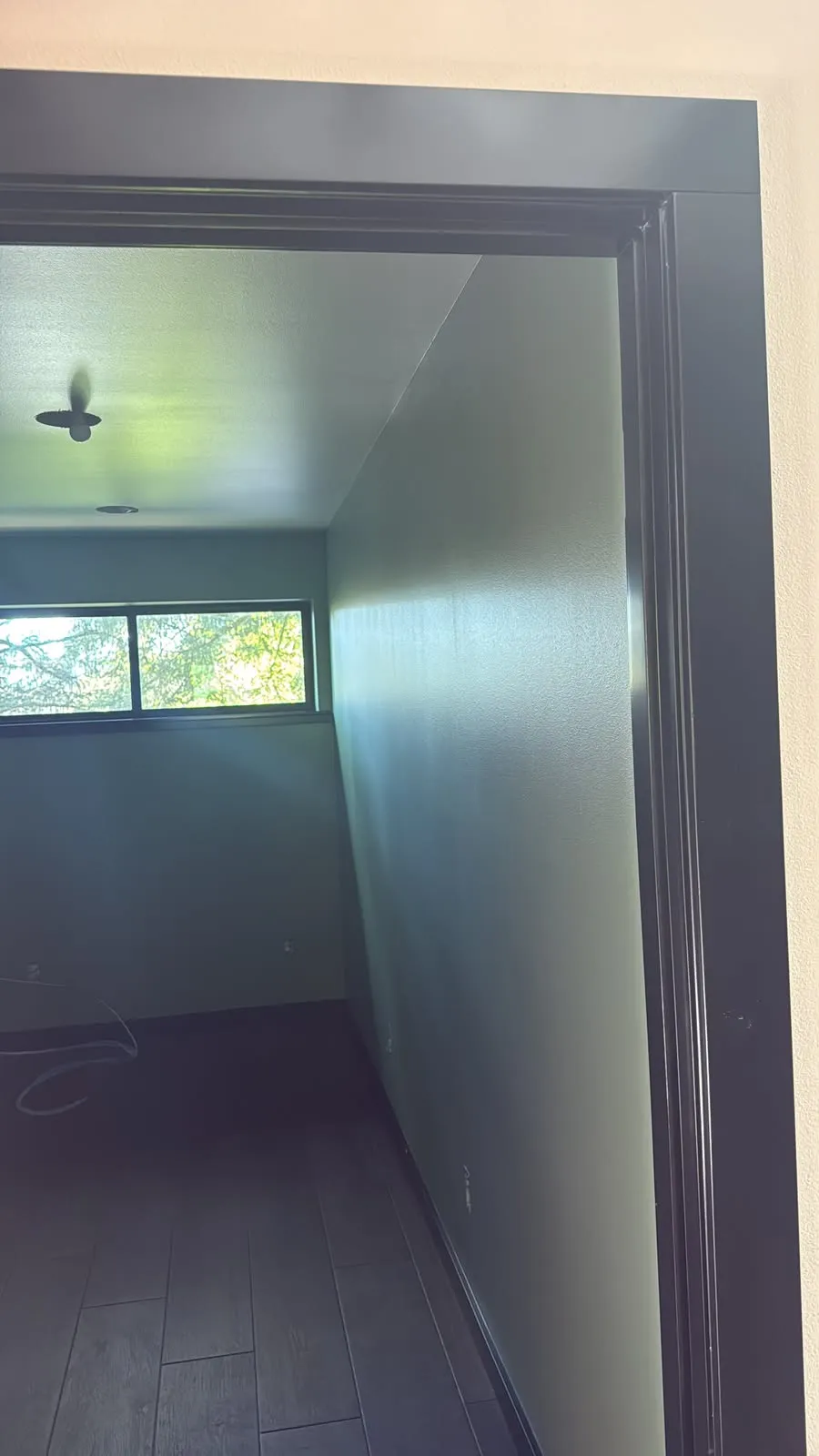 Room with blue-green walls seen through a doorway with black trim